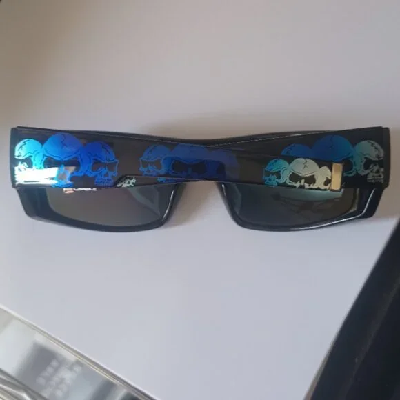 Gothic Punk Skulls Polarized Black Frame Blue Lenses Wrap around Sunglasses - Picture 6 of 6